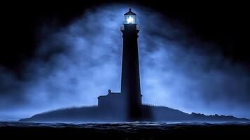A lighthouse is seen in the fog at night photo