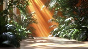 A hallway with plants and sunlight coming through photo