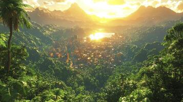 A tropical forest with mountains and trees photo