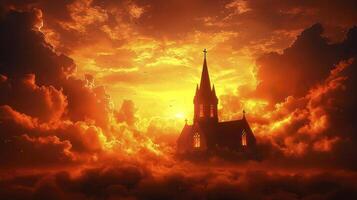 A church is seen in the clouds with the sun behind it photo