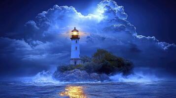 A lighthouse on an island surrounded by clouds photo