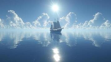 A sailboat floating in the ocean with clouds and sun photo
