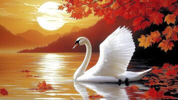 A painting of a swan on the water with autumn leaves photo