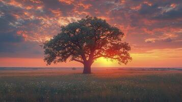 A lone tree in a field at sunset photo