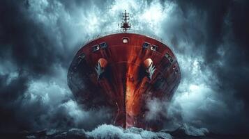A large red ship in the ocean with storm clouds photo
