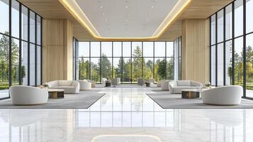 A modern lobby with large windows and white furniture photo