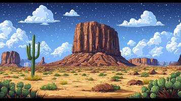 An illustration of the desert with cactus and mountains photo