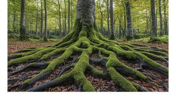 A large tree with mossy roots in the forest photo