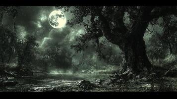 A dark forest with a full moon in the sky photo