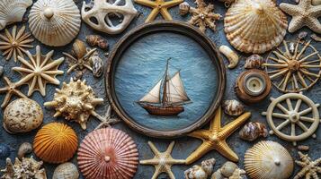 A boat is surrounded by shells and seashells photo