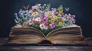 An open book with flowers and butterflies photo