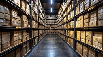 A long aisle in a large warehouse with boxes on the shelves photo