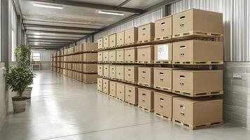 A large warehouse with many boxes and shelves photo