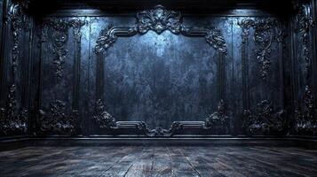 An empty room with dark wood floors and ornate walls photo