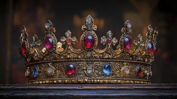 A crown with red and blue stones on it photo
