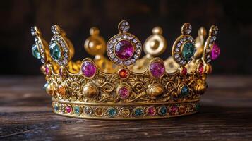 A golden crown with colorful stones on it photo