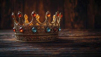 Golden crown on wooden table photo