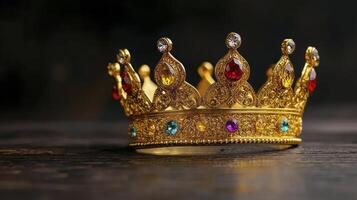 Golden crown on wooden table with copy space photo