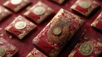 A red and gold package with a gold coin on it photo