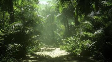 A path through a jungle with palm trees and grass photo