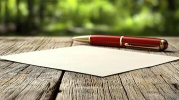 A red pen and a blank sheet of paper on a wooden table photo