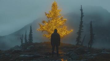 A man standing in front of a tree in the fog photo