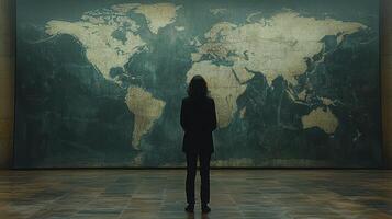 A person standing in front of a world map photo