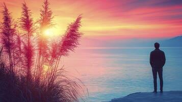 A man standing on a cliff overlooking the ocean at sunset photo