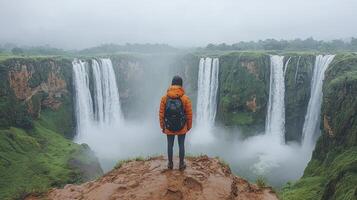 A person standing at the edge of a waterfall photo