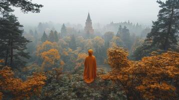 A person in an orange robe stands in the middle of a forest photo