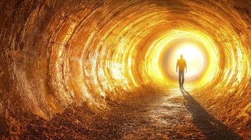A man standing in the middle of a tunnel with a light coming out of it photo