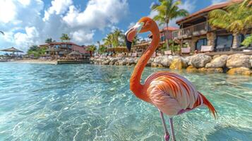 A flamingo stands in the water near a resort photo