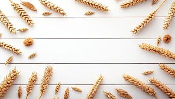 Wheat and nuts on a white wooden surface photo