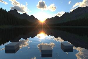 Peaceful mountain lake sunset photo