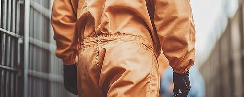 Person in protective orange jumpsuit photo