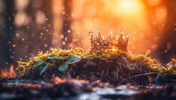 Crown resting on mossy knoll, bathed in golden light photo