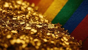 Pile of gold nuggets, rainbow backdrop photo