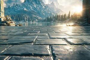 Frozen mountain lake path photo