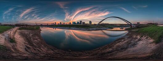 Sunset over the river with a beautiful bridge photo