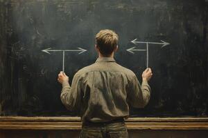 Man facing a choice, chalk arrows on a blackboard photo
