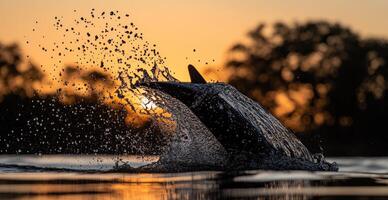 Dolphin leaping at sunset photo