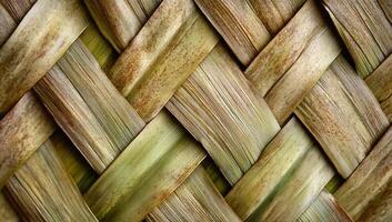 Close-up of intricately woven palm leaf matting. Natural textures and colors create a visually appealing design. Intertwined strips of dried plant material form a complex pattern photo