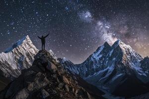 Majestic mountaintop, starry night photo