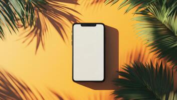 Smartphone on Orange Background with Palm Trees photo