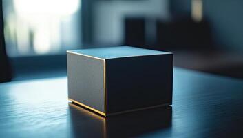 Modern, cube-shaped device on a table photo