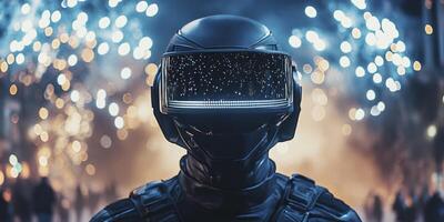 A person wearing a helmet with lights behind them photo