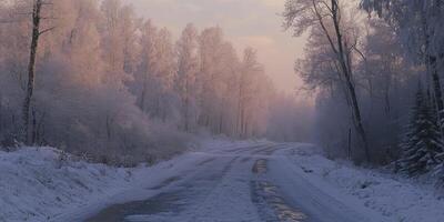 A snowy road in the middle of a forest photo