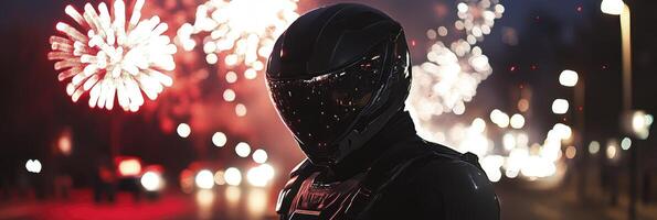 A man in a black helmet with fireworks in the background photo