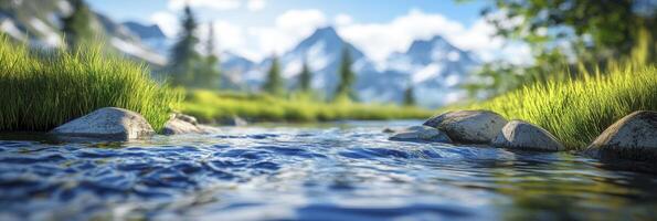 A stream running through a grassy field with rocks and trees photo