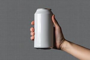Hand holding blank white can photo